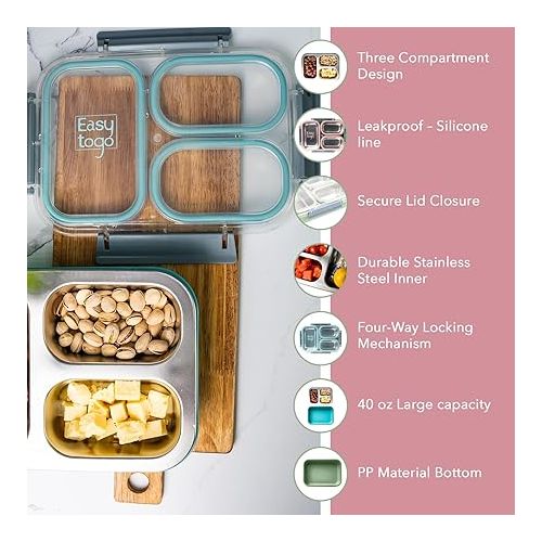  3 Compartment Stainless Steel Bento Box, 40oz Meal Prep Togo Container Reusable Bento Lunch Box for Adults, Leak & Spill Proof Snack Box, Portion Control Lunch Box with Compartments - Pink