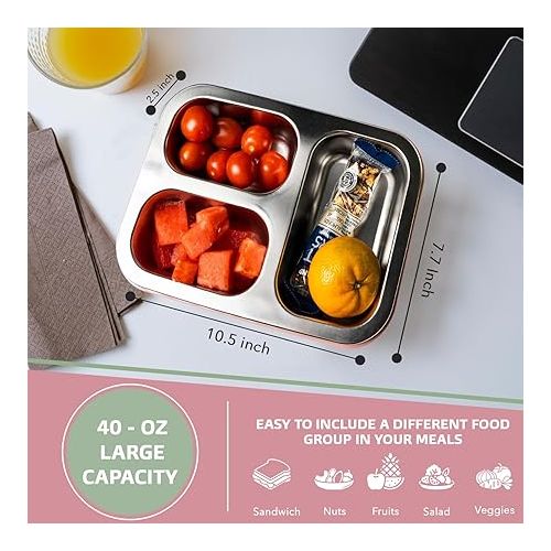  3 Compartment Stainless Steel Bento Box, 40oz Meal Prep Togo Container Reusable Bento Lunch Box for Adults, Leak & Spill Proof Snack Box, Portion Control Lunch Box with Compartments - Pink