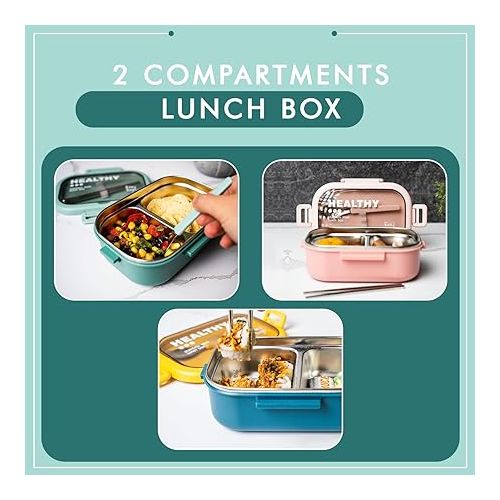  2 Compartment Lunch Box Bento Box with Lunch Bag & Cutlery Set, 28oz Leakproof, Reusable, Stainless Steel Portion Control Container, Fruit, Salad, Bento Snack Box - Blue Meal Prep Container