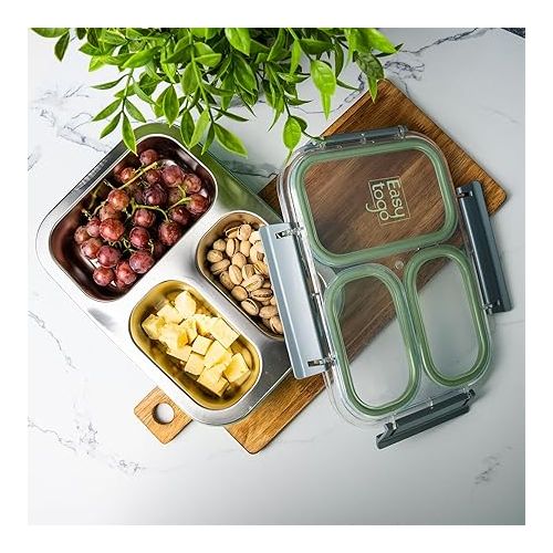  3 Compartment Stainless Steel Bento Box, 40oz Meal Prep Togo Container Reusable Bento Lunch Box for Adults, Leak & Spill Proof Snack Box, Portion Control Lunch Box with Compartments - Green