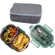 2 Compartment Lunch Box Bento Box with Lunch Bag & Cutlery Set, 28oz Leakproof, Reusable, Stainless Steel Portion Control Container, Fruit, Salad, Bento Snack Box - Green Meal Prep Container