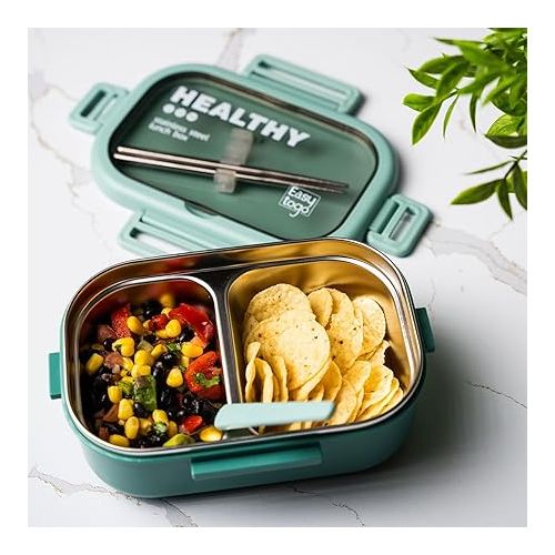  2 Compartment Lunch Box Bento Box with Lunch Bag & Cutlery Set, 28oz Leakproof, Reusable, Stainless Steel Portion Control Container, Fruit, Salad, Bento Snack Box - Green Meal Prep Container