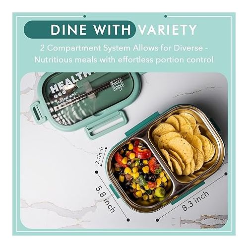  2 Compartment Lunch Box Bento Box with Lunch Bag & Cutlery Set, 28oz Leakproof, Reusable, Stainless Steel Portion Control Container, Fruit, Salad, Bento Snack Box - Green Meal Prep Container