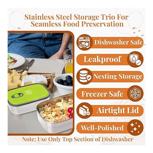  3 Pack Stainless Steel Food Storage Containers with Lid, Reusable, Meal Prep Rectangular Airtight Lunch Box, BPA Free & Leak Proof Snack Boxes for Salad, Leftovers, Blue Togo Bento Box