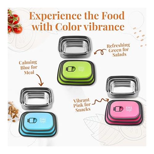  3 Pack Stainless Steel Food Storage Containers with Lid, Reusable, Meal Prep Rectangular Airtight Lunch Box, BPA Free & Leak Proof Snack Boxes for Salad, Leftovers, Blue Togo Bento Box