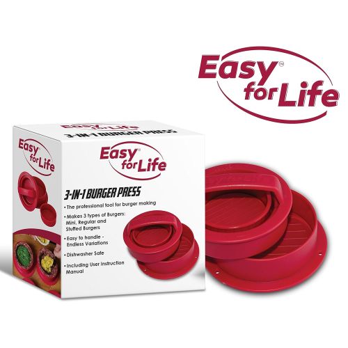  Easy for Life Stuffed Burger Press Kit 3 in 1 - Exclusive Red Color, Non Stick Hamburger Maker, Homemade Patties & Sliders, Patty Molds, Veggie Hamburger Press Shaper, Best Burger