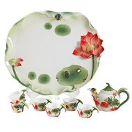 EasyChicShop Collectable Fine Arts China Porcelain Handpainted Tea Pot with 4 Cups Frog Lotus (8pcs)