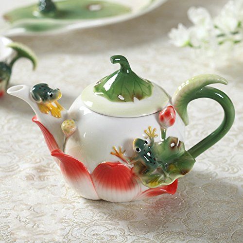  EasyChicShop Collectable Fine Arts China Porcelain Handpainted Tea Pot with 4 Cups Frog Lotus (8pcs)