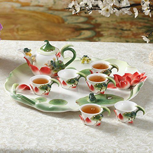  EasyChicShop Collectable Fine Arts China Porcelain Handpainted Tea Pot with 4 Cups Frog Lotus (8pcs)