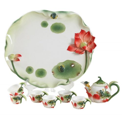  EasyChicShop Collectable Fine Arts China Porcelain Handpainted Tea Pot with 4 Cups Frog Lotus (8pcs)