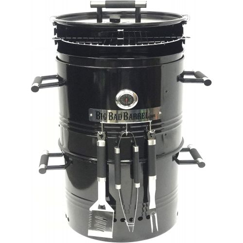  EasyGO EGP-FIRE-017 Big Bad Barrel Charcoal Barbeque 5 in 1 Can be Used as a Smoker Grill BBQ, Pizza Oven, Table & Fire Pit. 18-Inch Diameter-3 pcs, Tool Set