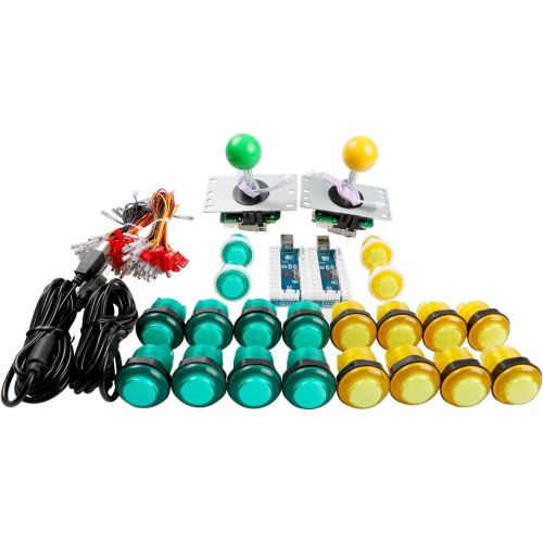  Easyget LED Arcade DIY Parts 2x Zero Delay USB Encoder + 2x 8 Way Joystick + 20x LED Illuminated Push Buttons for Mame Jamma Arcade Project Yellow + Green Kit Sets