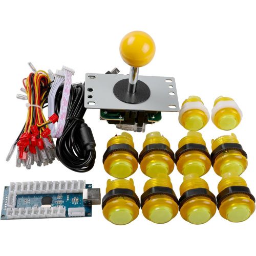  Easyget LED Arcade DIY Parts 2x Zero Delay USB Encoder + 2x 8 Way Joystick + 20x LED Illuminated Push Buttons for Mame Jamma Arcade Project Yellow + Green Kit Sets