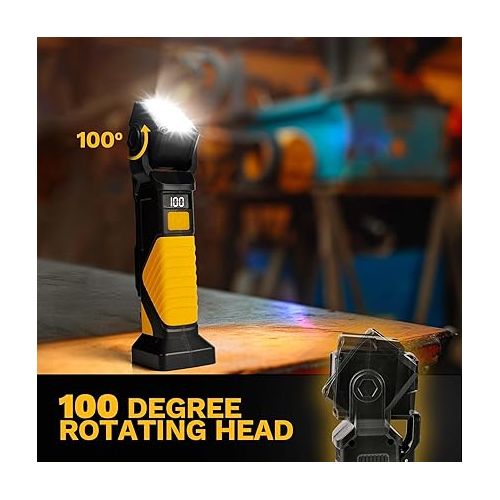  LED Work Light Rechargeable, 1200LM Clamp Work Light with 100°Rotating Head, 2 Magnetic Bases and Hook, Portable Work Light for Car Repairing, Emergency and All Tight Spots