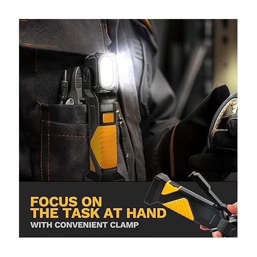  LED Work Light Rechargeable, 1200LM Clamp Work Light with 100°Rotating Head, 2 Magnetic Bases and Hook, Portable Work Light for Car Repairing, Emergency and All Tight Spots