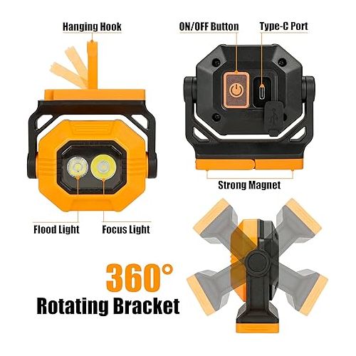  LED Rechargeable Work Light, 1500LM Portable COB Magnetic Lights with 3 Modes & 360°Rotatable, IPX4 Waterproof Worklight for Car Repairing, Job Site Lighting, Emergency (2 PCS)