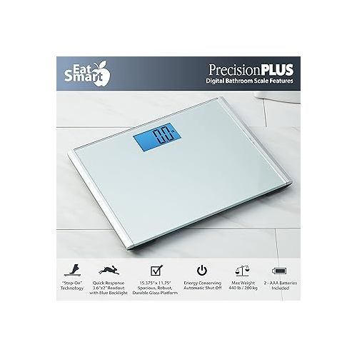  Eat Smart Precision Plus Digital Bathroom Scale with Ultra-Wide Platform, 440 lb Capacity, Bath Scale for Body Weight, Grey