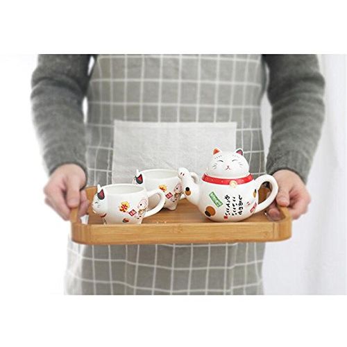  EatingBiting（R）Charming Traditional Culture Japanese Design Maneki Neko Lucky Cat Ceramic teapot 1 Tea Pot and 2 Cups Set Package Gift Box Excellent Home Decor Asian Living Gift Ch