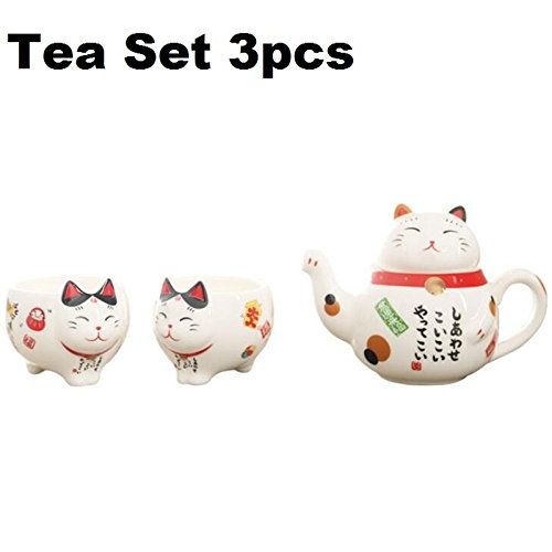  EatingBiting（R）Charming Traditional Culture Japanese Design Maneki Neko Lucky Cat Ceramic teapot 1 Tea Pot and 2 Cups Set Package Gift Box Excellent Home Decor Asian Living Gift Ch
