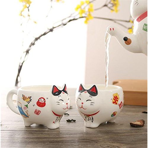  EatingBiting（R）Charming Traditional Culture Japanese Design Maneki Neko Lucky Cat Ceramic teapot 1 Tea Pot and 2 Cups Set Package Gift Box Excellent Home Decor Asian Living Gift Ch