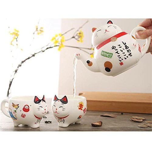  EatingBiting（R）Charming Traditional Culture Japanese Design Maneki Neko Lucky Cat Ceramic teapot 1 Tea Pot and 2 Cups Set Package Gift Box Excellent Home Decor Asian Living Gift Ch