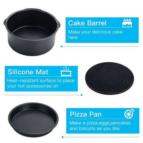  Ebeta Hot Air Fryer Accessories 7 Sets for Gowise Phillips Cozyna, 7 Inch Diameter for All 3.7qt-5.3qt-5.8qt. Non-Stick Barrel, Pizza Tray, Silicone Mat, Stainless Steel Holder, Double L