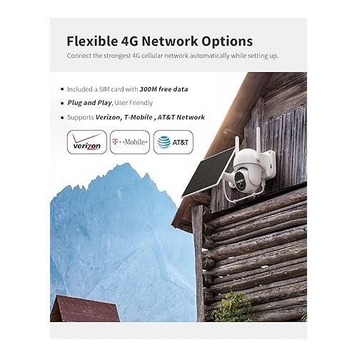  Ebitcam 4G LTE Cellular Security Camera Includes SD&SIM Card(Verizon/AT&T/T-Mobile), 2K Solar Outdoor Cam Wireless Without WiFi Needed, 360° Live View, Color Night Vision, Motion&Siren Alert, Playback