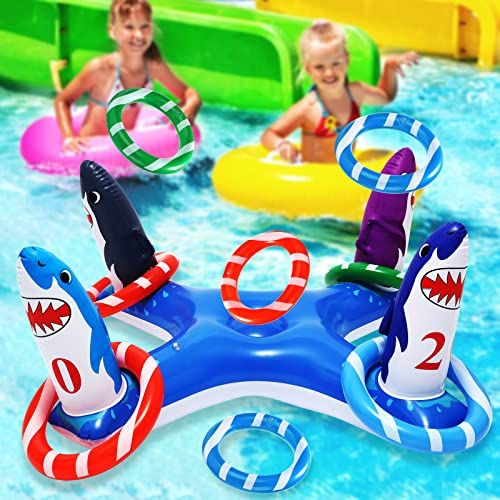  Eboozone Inflatable Pool Ring Toss Games, Flamingo Pool Games Shark Pool Toys with 6Pcs Rings, Pool Ring Toss Games for Kids and Adults