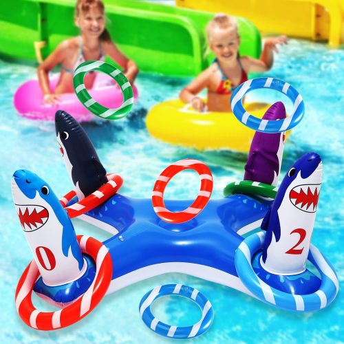  Eboozone Inflatable Pool Ring Toss Games, Flamingo Pool Games Shark Pool Toys with 6Pcs Rings, Pool Ring Toss Games for Kids and Adults