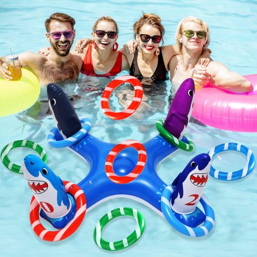  Eboozone Inflatable Pool Ring Toss Games, Flamingo Pool Games Shark Pool Toys with 6Pcs Rings, Pool Ring Toss Games for Kids and Adults