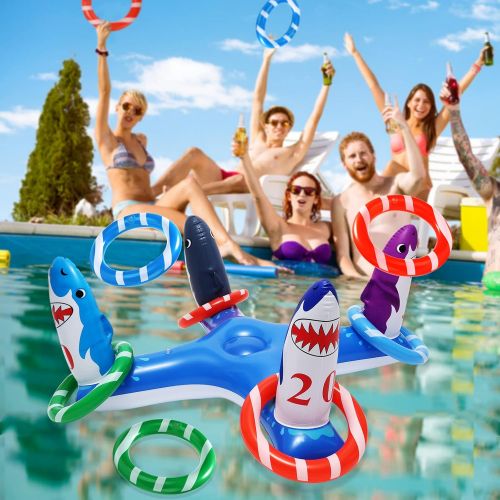  Eboozone Inflatable Pool Ring Toss Games, Flamingo Pool Games Shark Pool Toys with 6Pcs Rings, Pool Ring Toss Games for Kids and Adults