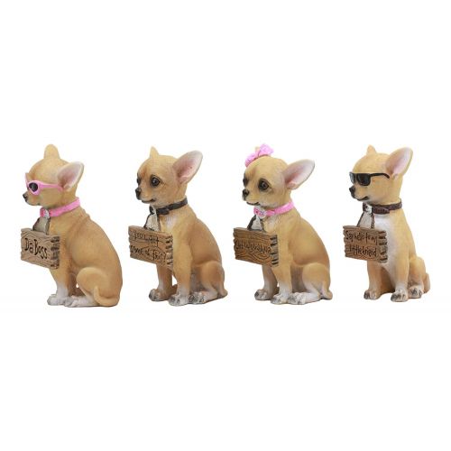  Gifts & Decor Set of 4 Adorable Tea Cup Chihuahua Dog Holding Humorous Signs Small Figurines 4.25Tall