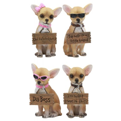  Gifts & Decor Set of 4 Adorable Tea Cup Chihuahua Dog Holding Humorous Signs Small Figurines 4.25Tall