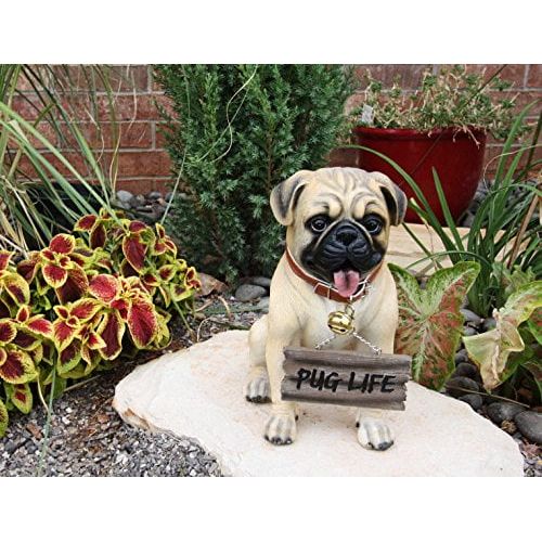  Gifts & Decor Large Adorable Pug Dog Garden Greeter Statue With Jingle Collar 11.25 Tall