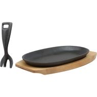 Ebros Gift Ebros Personal Sized 9.5Lx5.5W Cast Iron Sizzling Fajita Skillet Japanese Steak Plate With Handle and Wooden Base For Restaurant Home Kitchen Cooking Accessory For Pan Grilling Mea