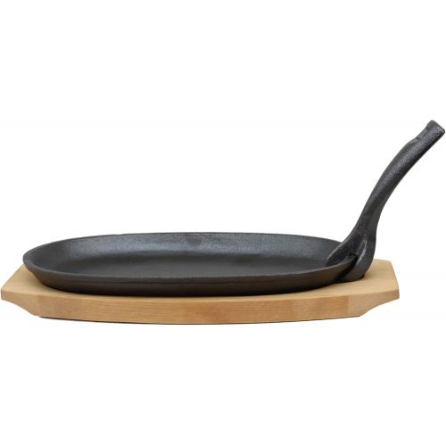  Ebros Gift Ebros Personal Sized 9.5Lx5.5W Cast Iron Sizzling Fajita Skillet Japanese Steak Plate With Handle and Wooden Base For Restaurant Home Kitchen Cooking Accessory For Pan Grilling Mea