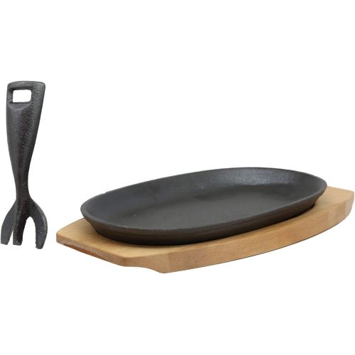  Ebros Gift Ebros Personal Sized 9.5Lx5.5W Cast Iron Sizzling Fajita Skillet Japanese Steak Plate With Handle and Wooden Base For Restaurant Home Kitchen Cooking Accessory For Pan Grilling Mea