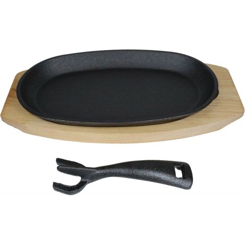  Ebros Gift Ebros Personal Sized 9.5Lx5.5W Cast Iron Sizzling Fajita Skillet Japanese Steak Plate With Handle and Wooden Base For Restaurant Home Kitchen Cooking Accessory For Pan Grilling Mea