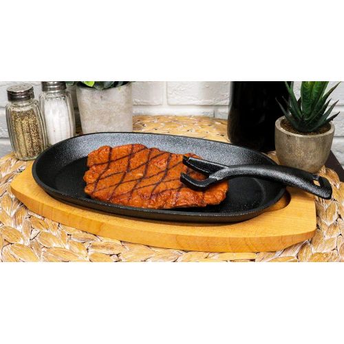 Ebros Gift Ebros Personal Sized 9.5Lx5.5W Cast Iron Sizzling Fajita Skillet Japanese Steak Plate With Handle and Wooden Base For Restaurant Home Kitchen Cooking Accessory For Pan Grilling Mea