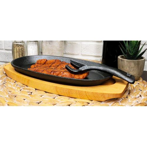  Ebros Gift Ebros Personal Sized 9.5Lx5.5W Cast Iron Sizzling Fajita Skillet Japanese Steak Plate With Handle and Wooden Base For Restaurant Home Kitchen Cooking Accessory For Pan Grilling Mea