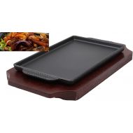 Ebros Gift Ebros Personal Size Cast Iron Sizzling Fajita Pan Skillet Japanese Steak Plate With Wood Underliner Base Restaurant Home Kitchen Cooking Supply (Rectangular 9.25L X 5.25Wide)
