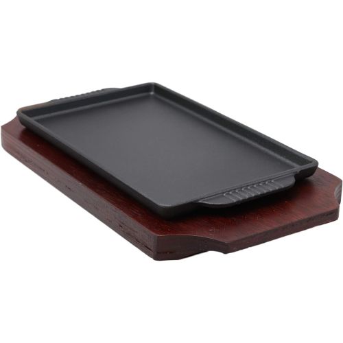  Ebros Gift Ebros Personal Size Cast Iron Sizzling Fajita Pan Skillet Japanese Steak Plate With Wood Underliner Base Restaurant Home Kitchen Cooking Supply (Rectangular 9.25L X 5.25Wide)