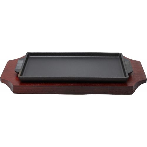  Ebros Gift Ebros Personal Size Cast Iron Sizzling Fajita Pan Skillet Japanese Steak Plate With Wood Underliner Base Restaurant Home Kitchen Cooking Supply (Rectangular 9.25L X 5.25Wide)