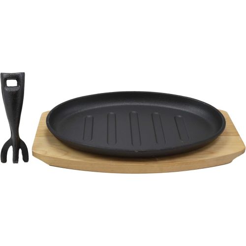 Ebros Gift Ebros Personal Size 10.5 By 7 Enamel Coated Cast Iron Sizzling Fajita Skillet Ridged Japanese Steak Plate With Handle and Wood Base For Restaurant Home Kitchen Cooking Pan Grilling
