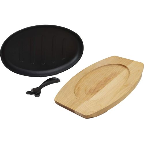  Ebros Gift Ebros Personal Size 10.5 By 7 Enamel Coated Cast Iron Sizzling Fajita Skillet Ridged Japanese Steak Plate With Handle and Wood Base For Restaurant Home Kitchen Cooking Pan Grilling