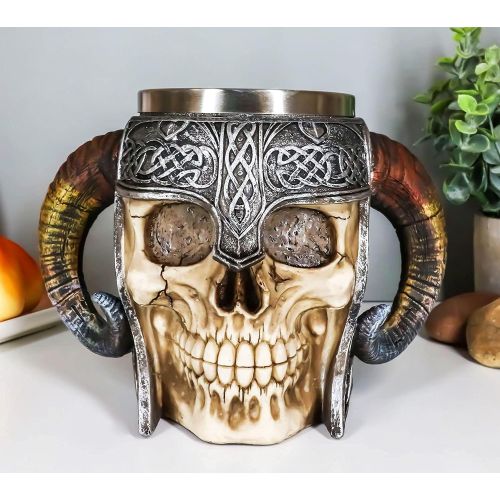  [아마존베스트]Ebros Gift Viking Ram Horned Pit Lord Warrior Skull With Battle Helmet Beer Stein Tankard Coffee Cup Mug 13oz Norse Mythology Folklore Odin Thor Loki Ragnarok Poetic Edda Decor