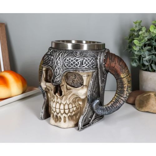  [아마존베스트]Ebros Gift Viking Ram Horned Pit Lord Warrior Skull With Battle Helmet Beer Stein Tankard Coffee Cup Mug 13oz Norse Mythology Folklore Odin Thor Loki Ragnarok Poetic Edda Decor