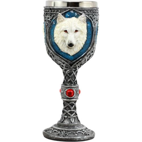  [아마존베스트]Ebros Gift EbrosGhost White Albino Snow Wolf Wine Goblet 7oz Direwolf Celtic Wine Chalice Goblet Cup
