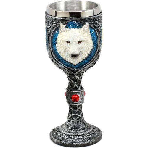  [아마존베스트]Ebros Gift EbrosGhost White Albino Snow Wolf Wine Goblet 7oz Direwolf Celtic Wine Chalice Goblet Cup