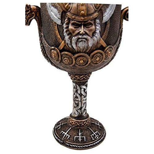  [아마존베스트]Ebros Gift Norse Mythology Valhalla Viking Odin Warlord With Dragon Longship Hull And Stern 7oz Resin Wine Goblet Chalice With Stainless Steel Liner Cup Thors Compass Vegvisir Bear